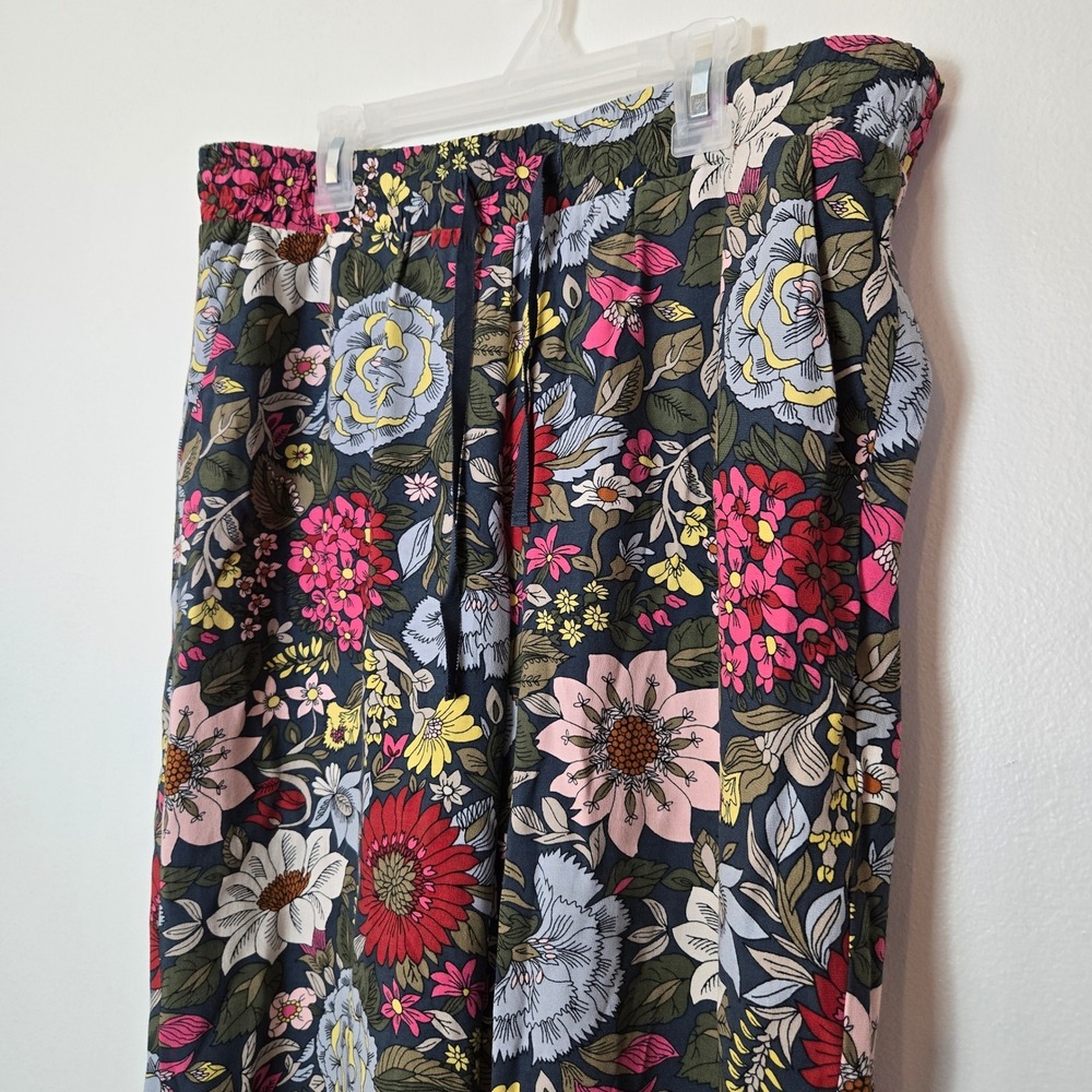 LOFT Floral Cropped Wide Leg Pants POCKETS Navy Blue Drawstring MP 474316